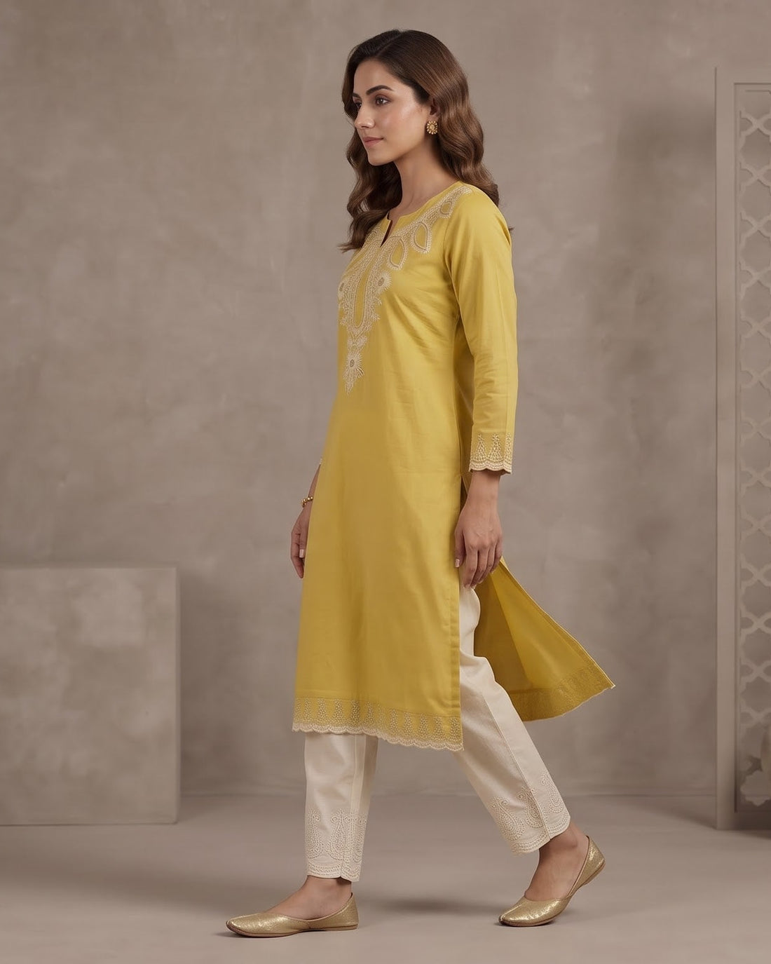 Mustard Yellow Embroidered Straight Kurta – Top Only