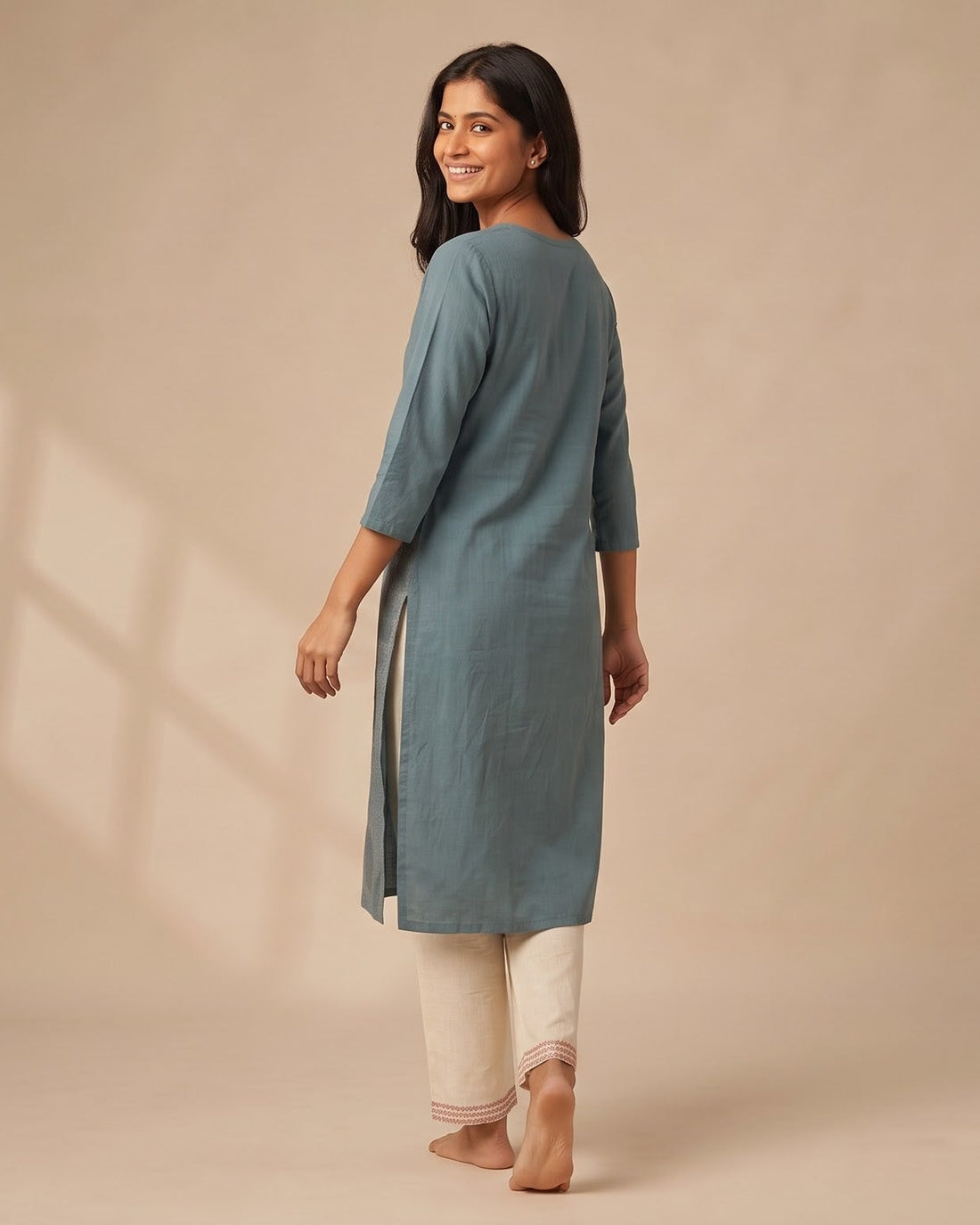 Slate Blue Kantha-Embroidered Straight Kurta – Top Only