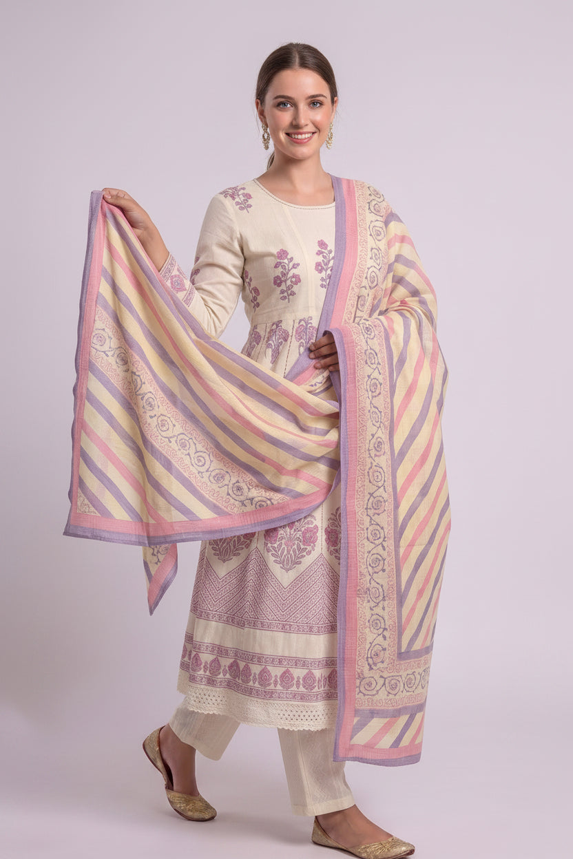 A woman modeling a cream-colored Anarkali kurta with pink floral and geometric block prints, paired with matching cream pants, against a solid light pink studio background.