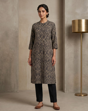 Charcoal Grey Ikat Print Button-Down Kurta – Top Only
