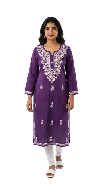 Royal Purple Floral Embroidered Straight Kurta