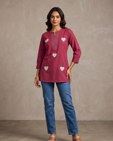 Magenta Heart Embroidered Short Kurti – Top Only