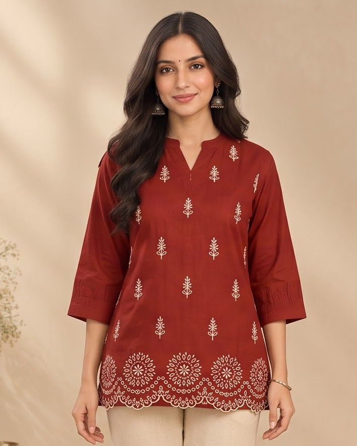 Rust Red Cotton Short Kurti with Botanical Embroidery & Scalloped Hem