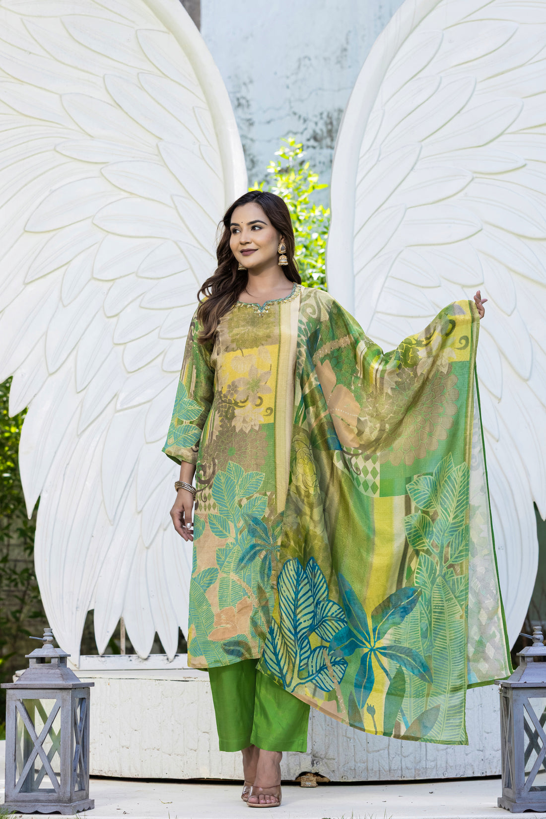 Leafy Lime Green Digital Printed Suit Set