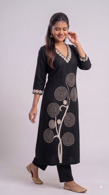 Midnight Spiral Embroidered Cotton A-Line Top