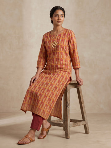 Rust & Maroon Geometric Printed Straight Kurta – Top Only