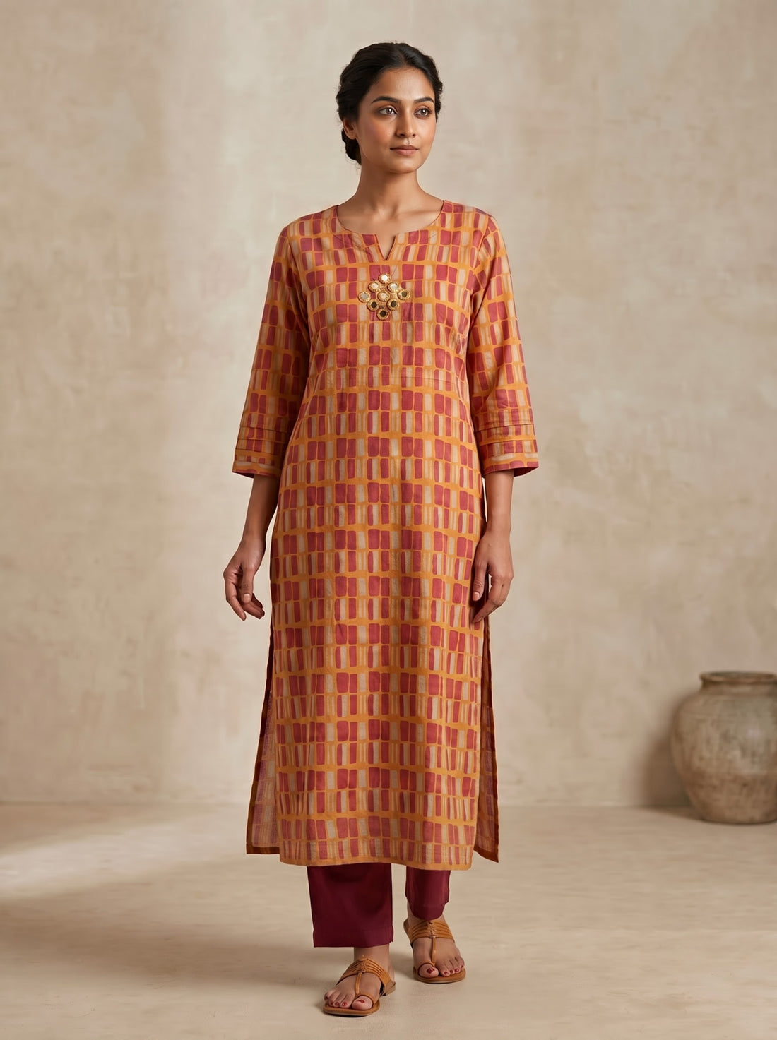 Rust & Maroon Geometric Printed Straight Kurta – Top Only