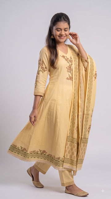Golden Bloom Mulmul Cotton Anarkali Suit Set